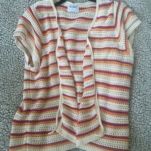 Old Navy Cream Open-Knit Cardigan Vest with Pink & Orange Stripes